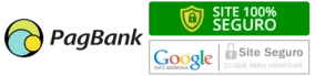 Selos de site seguro com PagBank, Google Safe Browsing e certificado de segurança, indicando pagamento protegido e navegação segura